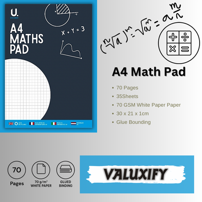 A4 Maths Pad 70 Pages 70gsm Graph Paper School College Notebook 1 2 3 6 Pack