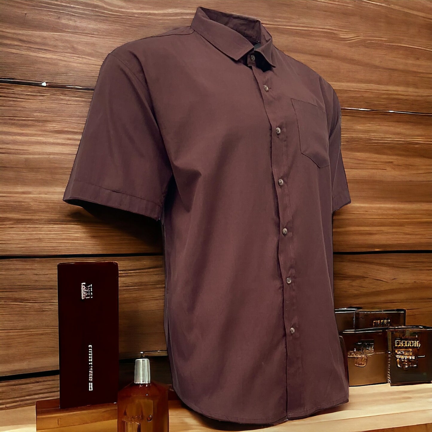Mens Shirt Brown Short Sleeve Mens Shirt Work Casual Formal Regular Fit Shirt