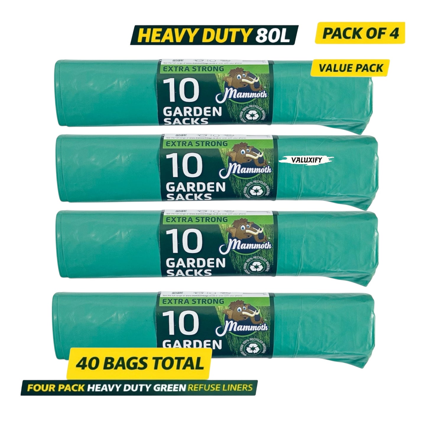 40 HEAVY DUTY GARDEN WASTE SACKS STRONG LARGE GREEN  RUBBISH BIN BAGS 80L