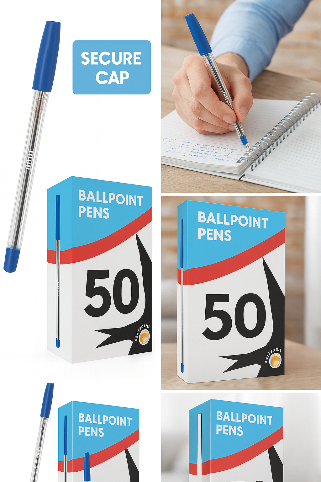 BLUE BALLPOINT PENS 1.0MM 50 MEDIUM TIP PENS PULL CAP OFFICE SCHOOL COLLEGE