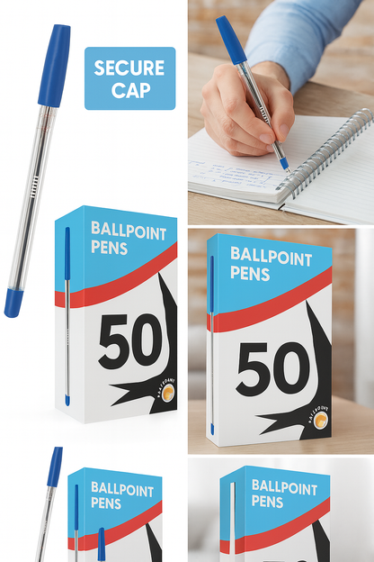 BLUE BALLPOINT PENS 1.0MM 50 MEDIUM TIP PENS PULL CAP OFFICE SCHOOL COLLEGE