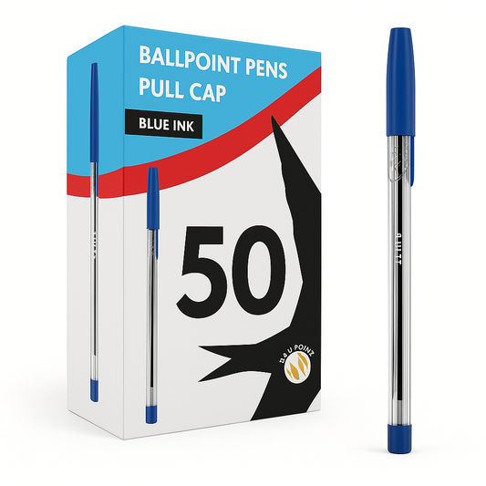 BLUE BALLPOINT PENS 1.0MM 50 MEDIUM TIP PENS PULL CAP OFFICE SCHOOL COLLEGE