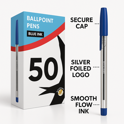 BLUE BALLPOINT PENS 1.0MM 50 MEDIUM TIP PENS PULL CAP OFFICE SCHOOL COLLEGE
