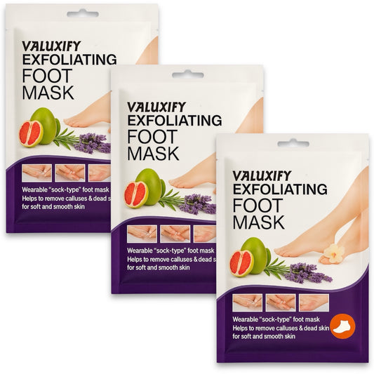 Three packages of Valuxify Exfoliating Foot Mask on a white background