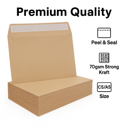 25 | C5 Manila Envelopes  Peel And Seal 70gsm Paper  228mm x 162mm