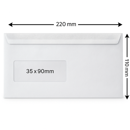 30 | DL WHITE WINDOW ENVELOPES SELF SEAL 110 x 220mm