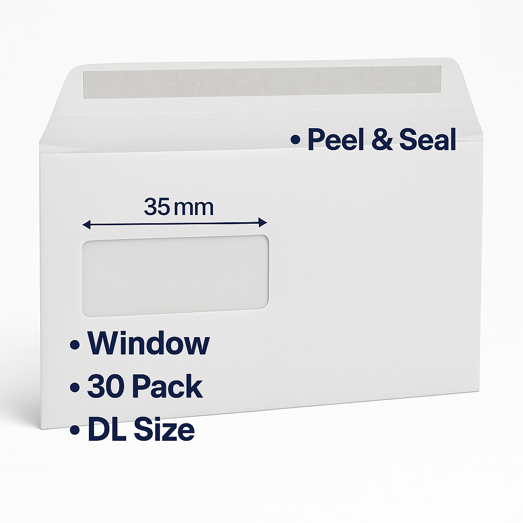30 | DL WHITE WINDOW ENVELOPES SELF SEAL 110 x 220mm