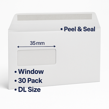 30 | DL WHITE WINDOW ENVELOPES SELF SEAL 110 x 220mm