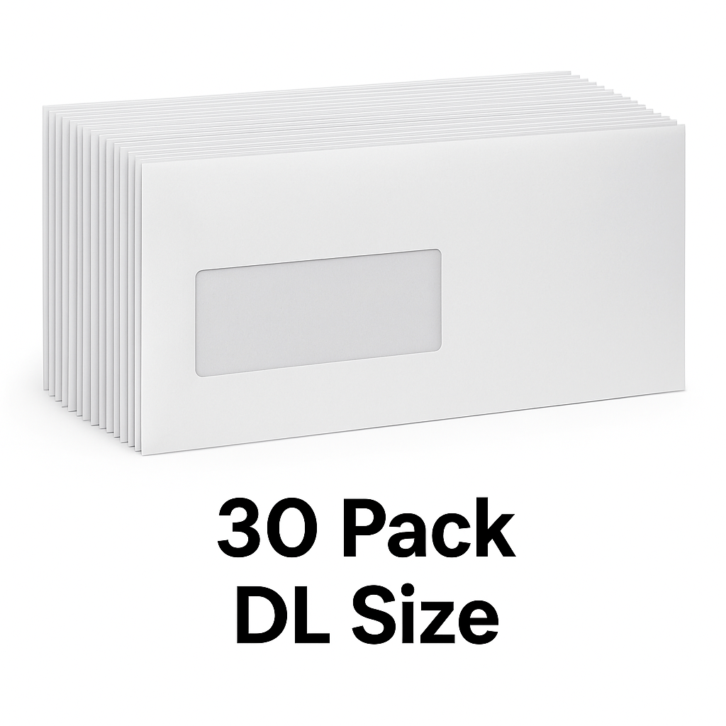 30 | DL WHITE WINDOW ENVELOPES SELF SEAL 110 x 220mm