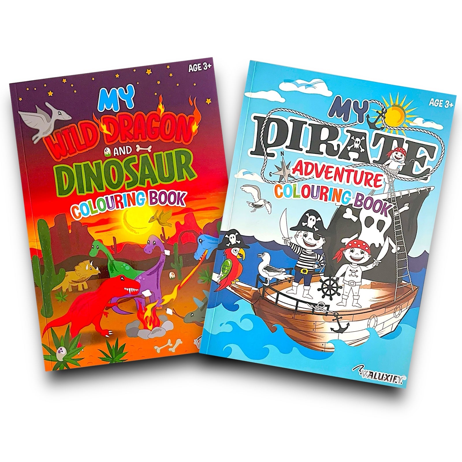 Two children's colouring books titled 'My Wild Dragon and Dinosaur' and 'My Pirate Adventure' on a white background.