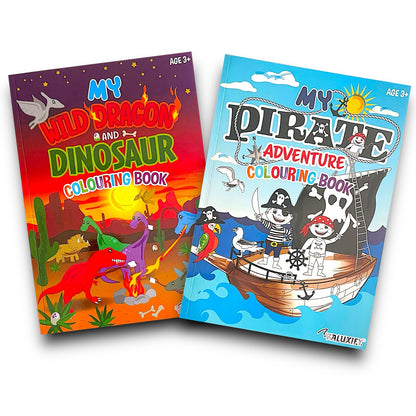 Two children's colouring books titled 'My Wild Dragon and Dinosaur' and 'My Pirate Adventure' on a white background.