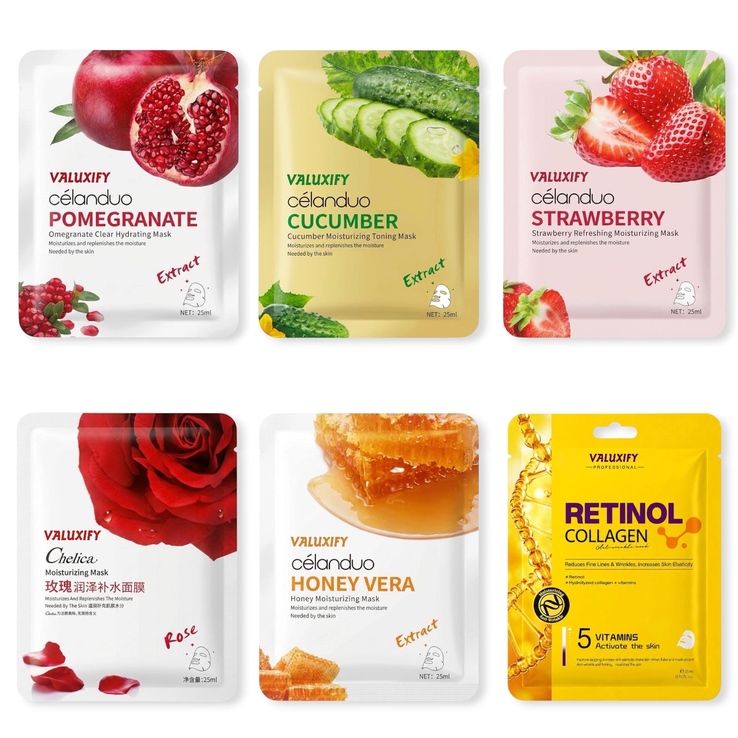 Face Sheet Masks Pack Of 6 Hydrating Moisturising Skin Care Rose Cucumber