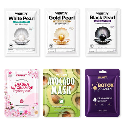 Face Sheet Masks Pack Of 6 Korean Skin Care Niacinamide Collagen Pearl Face Mask
