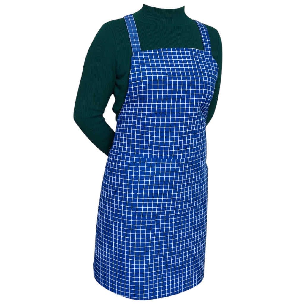unisex adult blue check apron polycotton kitchen chef apron with front pocket
