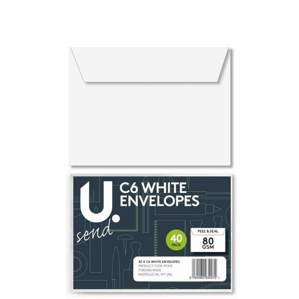 U. C6 white envelopes peel and seal 70gsm 162 x 114mm pack of 40