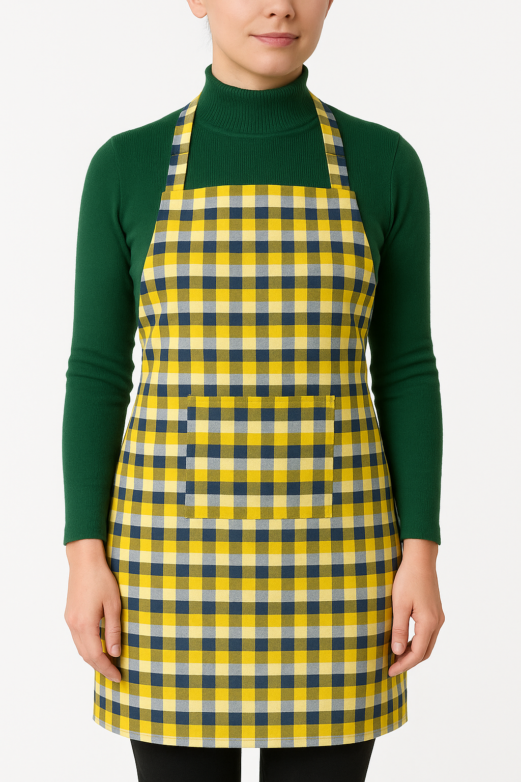 unisex adult yellow check apron polycotton kitchen chef apron with front pocket
