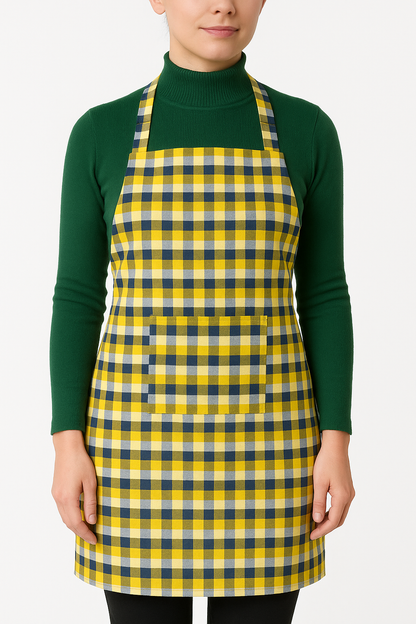 unisex adult yellow check apron polycotton kitchen chef apron with front pocket
