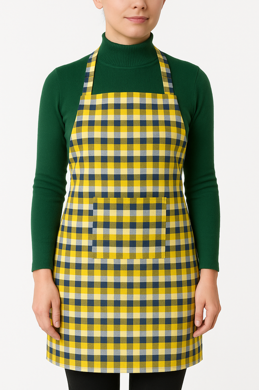 unisex adult yellow check apron polycotton kitchen chef apron with front pocket
